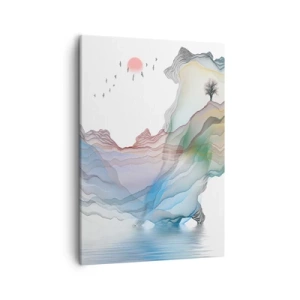 Impression sur toile - Image sur toile - Un paysage subtil avec des montagnes, de l'eau et un bateau - 50x70cm - Vers les montagnes de cristal - Décoration murale moderne pour le salon et la chambre ARTTOR