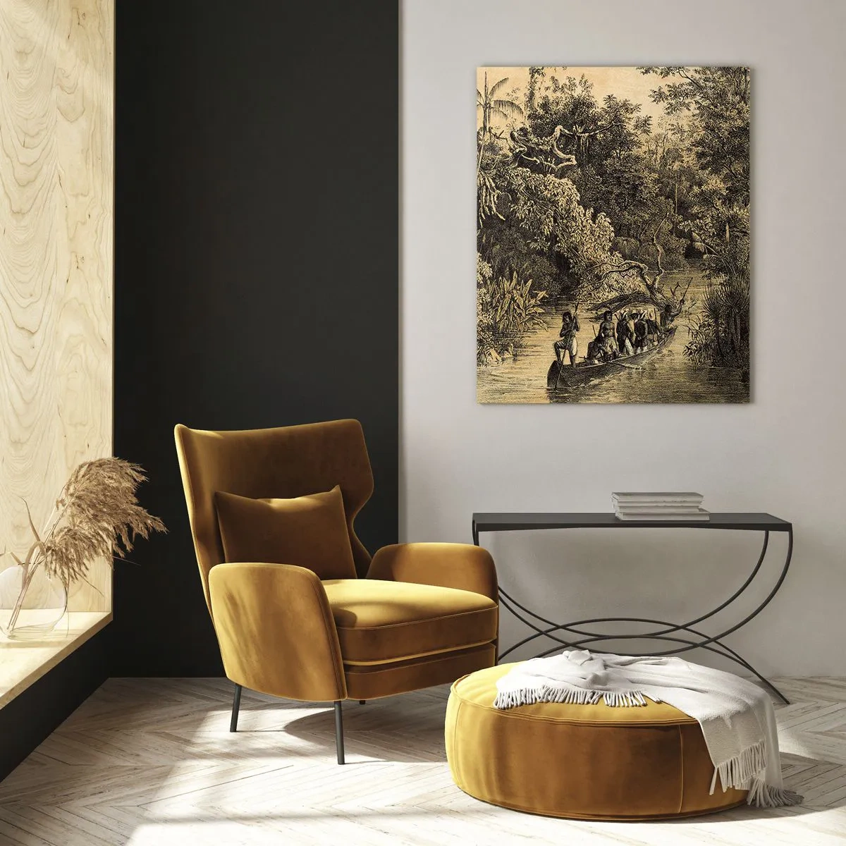 Impression sur verre - Image sur verre - Dessin d'une jungle avec un bateau sur une rivière - 70x100cm - Expédition à la source - Décoration murale moderne pour le salon et la chambre ARTTOR