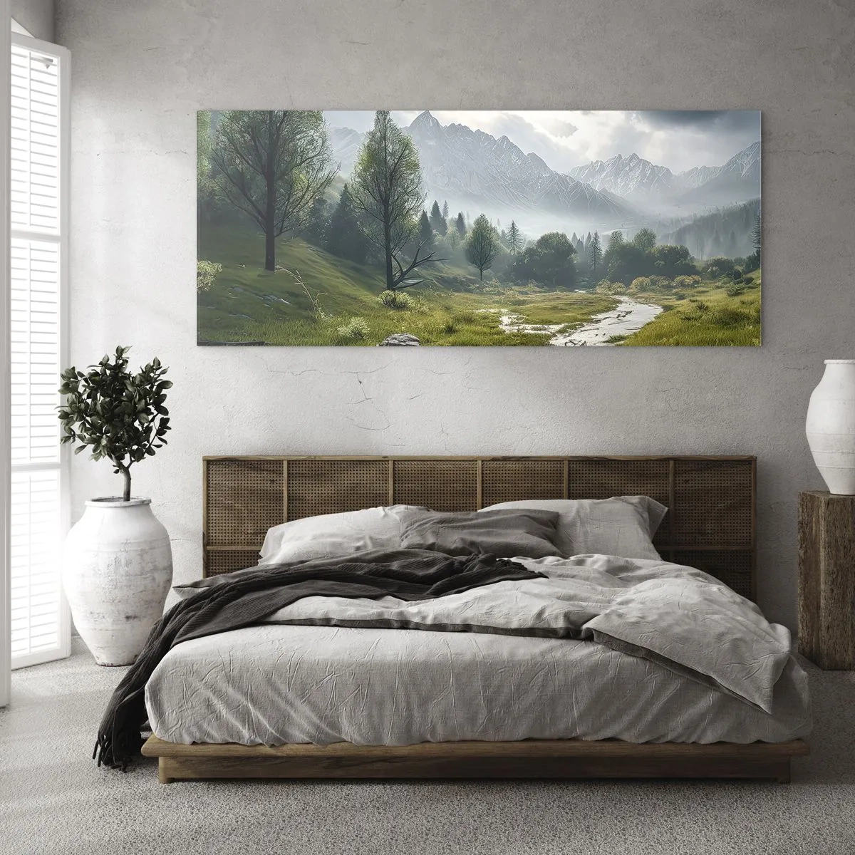 Impression sur verre - Image sur verre - Un paysage de montagne avec une rivière et des arbres entourés de montagnes brumeuses - 120x50cm - Aller et retour - Décoration murale moderne pour le salon et la chambre ARTTOR