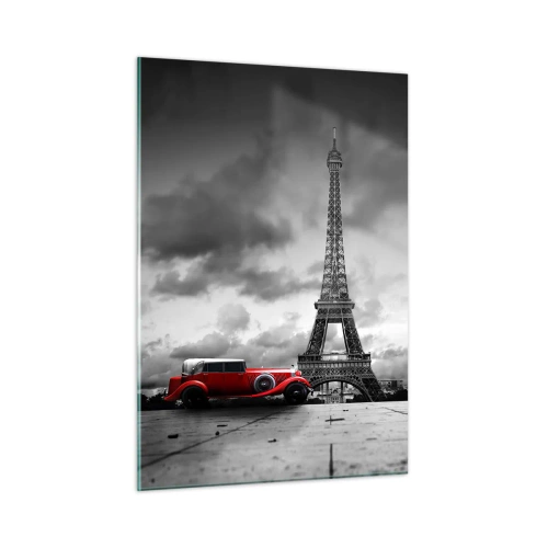 Impression sur verre - Image sur verre - Une voiture rétro rouge avec la Tour Eiffel en arrière-plan dans un décor noir et blanc. - 50x70cm - Il n'y a pas si longtemps à Paris - Décoration murale moderne pour le salon et la chambre ARTTOR
