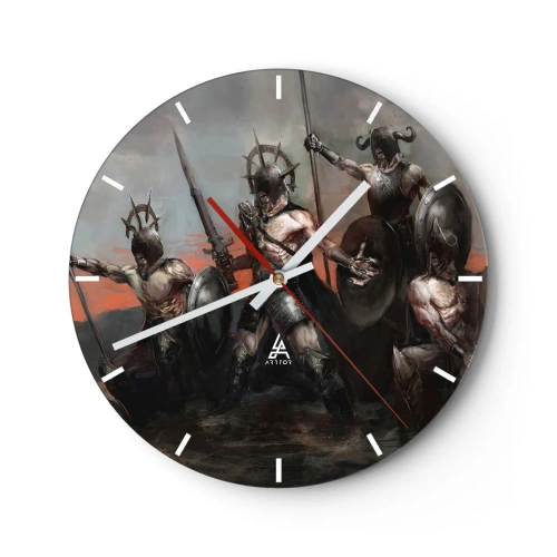 Horloge murale - Pendule murale - Un groupe de guerriers en armure avec des boucliers et des lances dans une scène dynamique - 30x30cm - Avec ou sur un bouclier - Décoration murale moderne pour le salon, la cuisine et la chambre ARTTOR