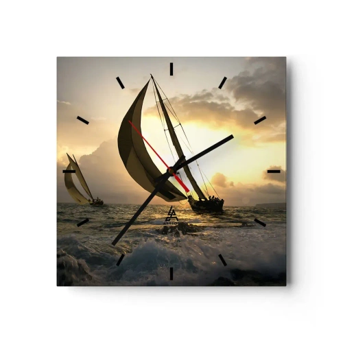 Horloge murale - Pendule murale - Voiliers en mer au coucher du soleil - 30x30cm - Avec le vent et contre le vent - Décoration murale moderne pour le salon et la chambre ARTTOR