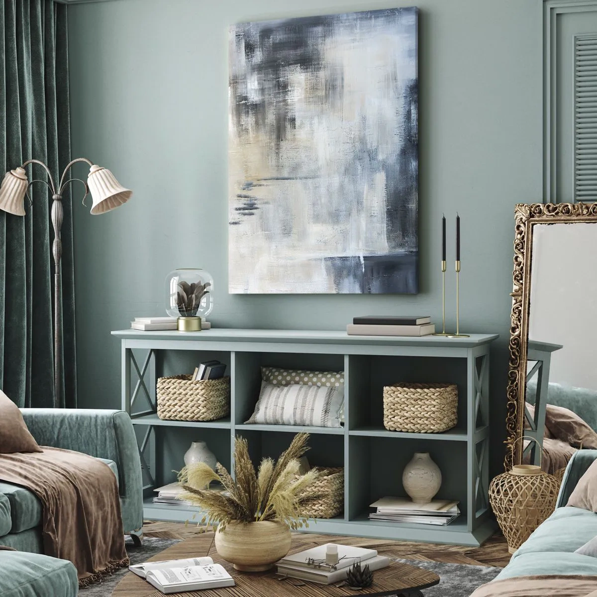 Impression sur toile - Image sur toile - Composition abstraite dans les tons de bleu et de gris - 50x70cm - Derrière le rideau bleu - Décoration murale moderne pour le salon et la chambre ARTTOR