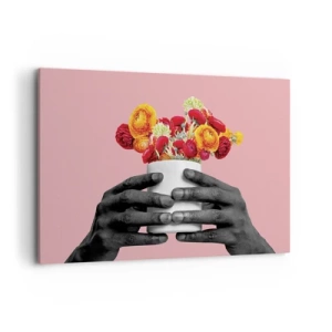 Impression sur toile - Image sur toile - Mains tenant un bouquet de fleurs colorées - 100x70cm - Apothéose de la vie - Décoration murale moderne pour le salon et la chambre ARTTOR