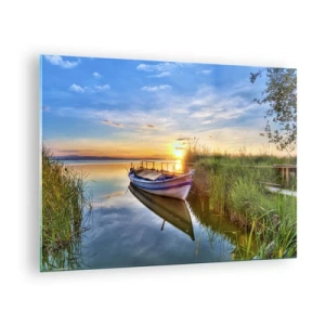 Impression sur verre - Image sur verre - Un bateau amarré au bord d'un lac au coucher du soleil - 70x50cm - La crique où les rêves deviennent réalité - Décoration murale moderne pour le salon et la chambre ARTTOR
