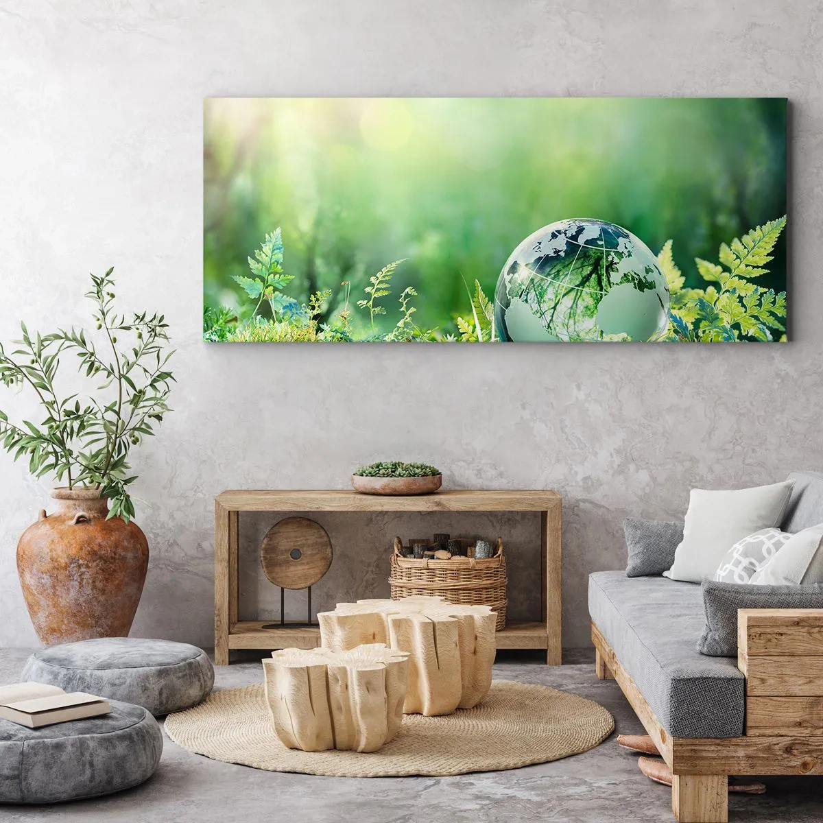 Impression sur toile - Image sur toile - Un globe de cristal parmi la verdure de la nature - 140x50cm - La planette verte - Décoration murale moderne pour le salon et la chambre ARTTOR
