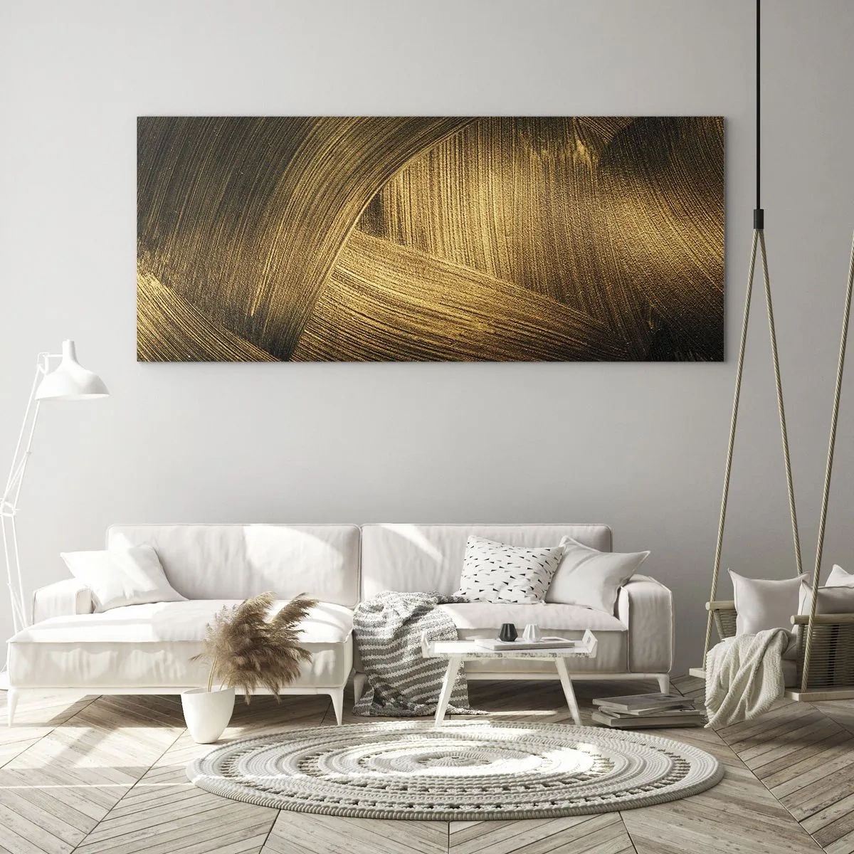 Impression sur verre - Image sur verre - Coups de pinceau abstraits dorés - 120x50cm - Dans un labyrinthe en or - Décoration murale moderne pour le salon et la chambre ARTTOR