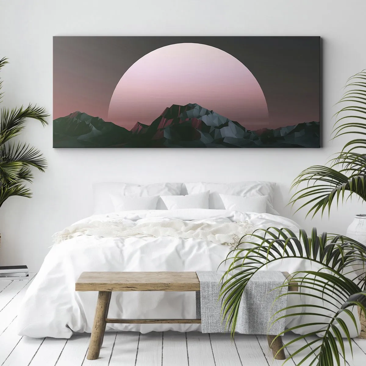 Impression sur toile - Image sur toile - Montagnes géométriques avec le soleil couchant en arrière-plan - 160x50cm - Dans une galaxie voisine - Décoration murale moderne pour le salon et la chambre ARTTOR