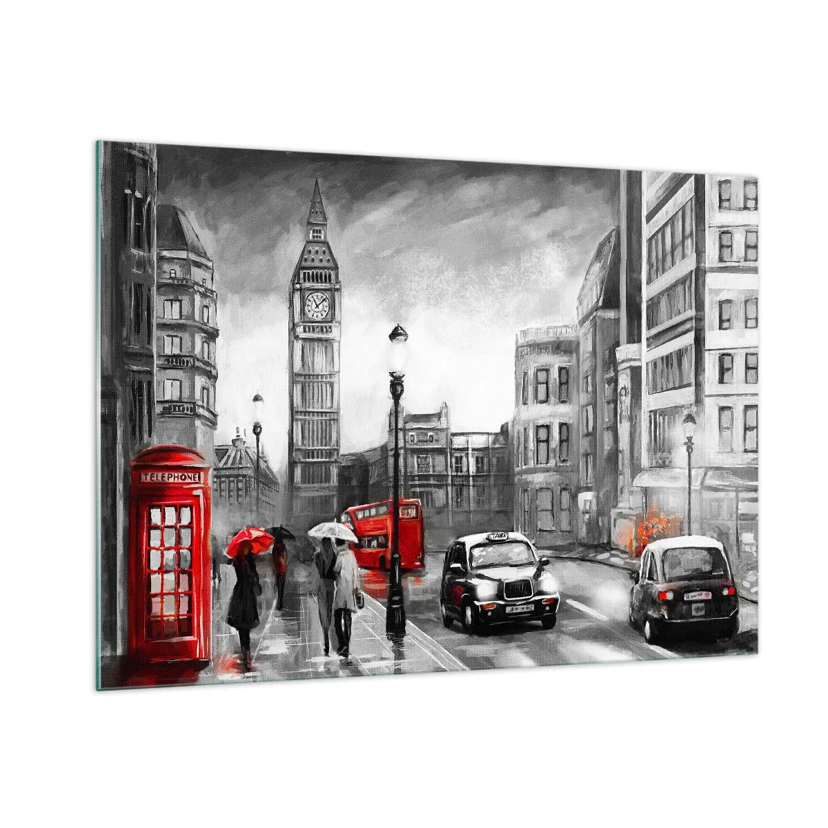 Impression sur verre - Image sur verre - Big Ben et les rues de Londres avec des accents rouges sur fond gris - 100x70cm - Pas du tout une ville grise - Décoration murale moderne pour le salon et la chambre ARTTOR