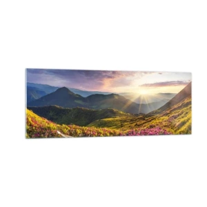 Impression sur verre - Image sur verre - Paysage de montagne avec des rhododendrons en fleurs - 140x50cm - Fraîcheur matinale en montagne - Décoration murale moderne pour le salon et la chambre ARTTOR