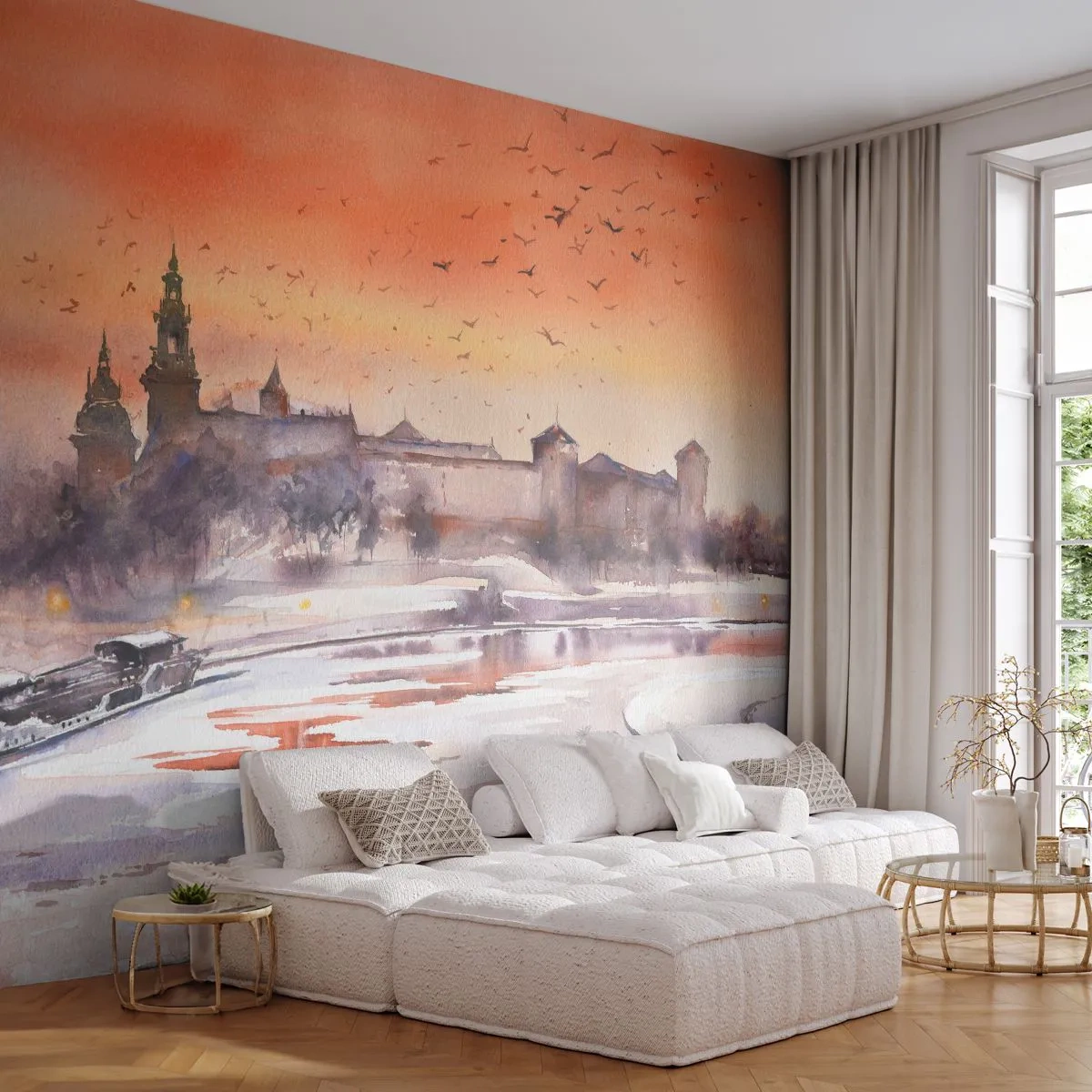 Papier Peint Photo Premium Sand - Panorama aquarelle du château au coucher du soleil en hiver - 100x70cm - Coucher de soleil royal - Décoration murale moderne pour le salon et la chambre ARTTOR