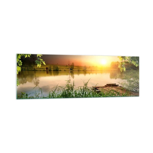 Impression sur verre - Image sur verre - Paysage verdoyant avec un lac au coucher du soleil - 160x50cm - Paysage dans un cadre verdoyant - Décoration murale moderne pour le salon et la chambre ARTTOR