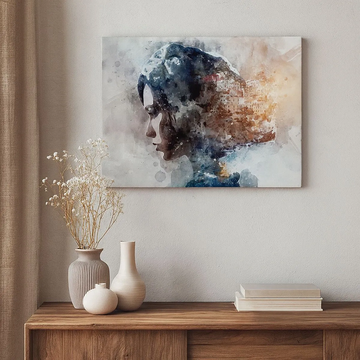 Impression sur toile - Image sur toile - Portrait d'une femme combinant son visage avec un paysage urbain en arrière-plan - 70x50cm - L'histoire d'une fille avec une ville en arrière-plan - Décoration murale moderne pour le salon et la chambre ARTTOR