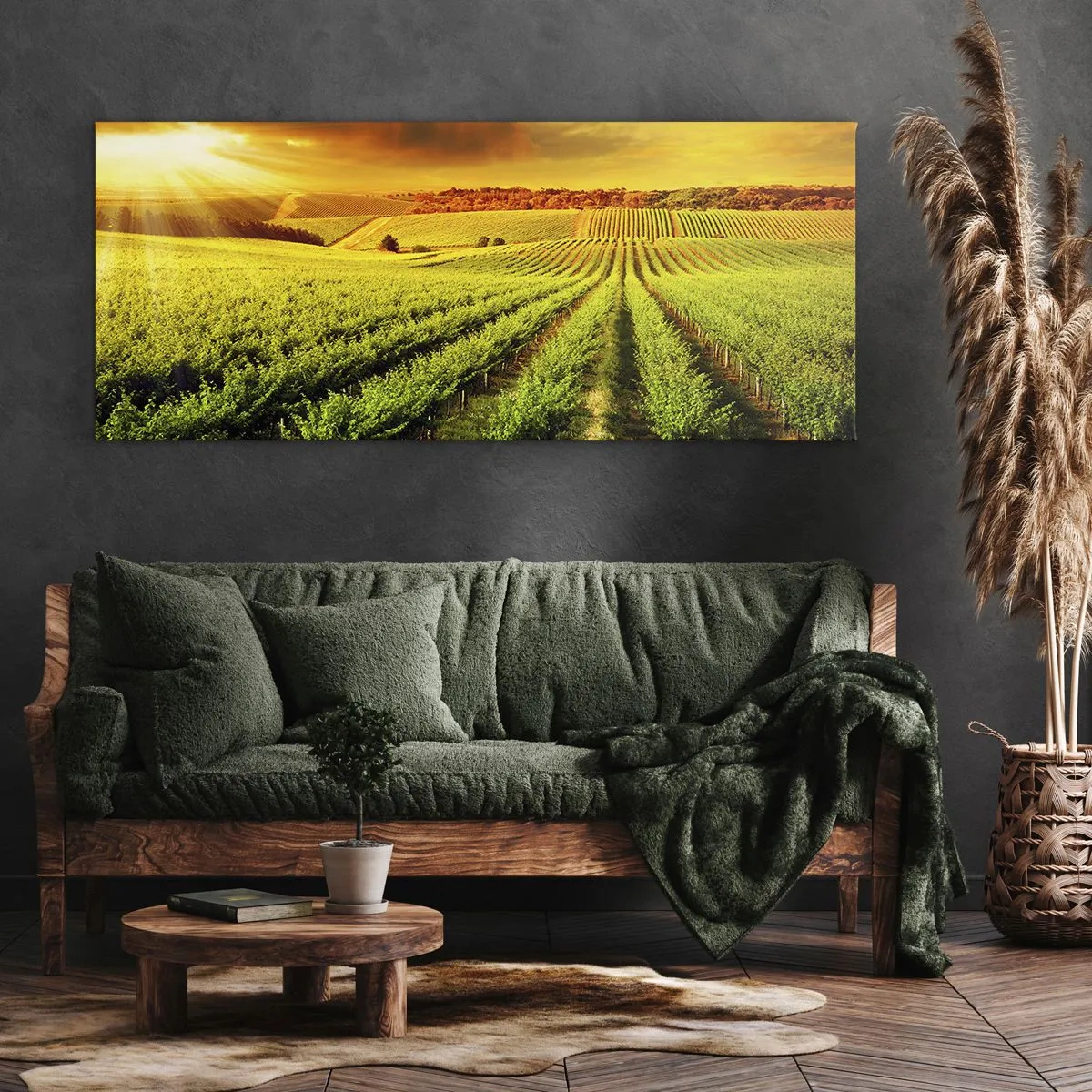 Impression sur toile - Image sur toile - Des vignes dorées illuminées par les rayons du soleil - 160x50cm - Sous le soleil australien - Décoration murale moderne pour le salon et la chambre ARTTOR