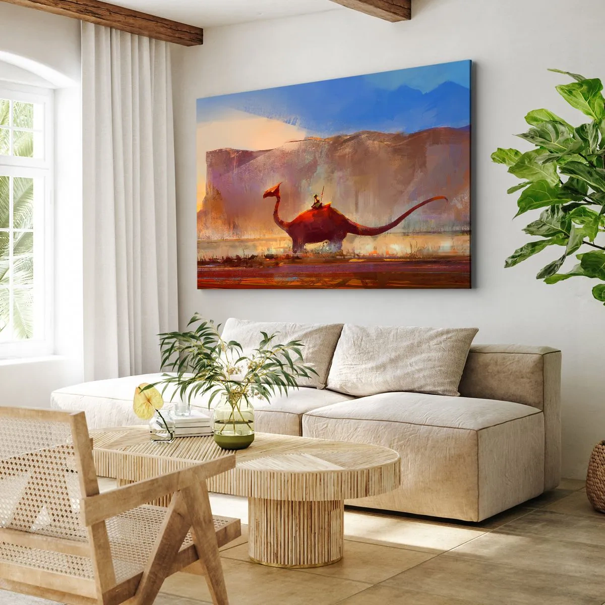 Impression sur toile - Image sur toile - Une scène fantastique avec un cavalier sur une créature préhistorique - 70x50cm - S'ils n'avaient pas disparu - Décoration murale moderne pour le salon et la chambre ARTTOR