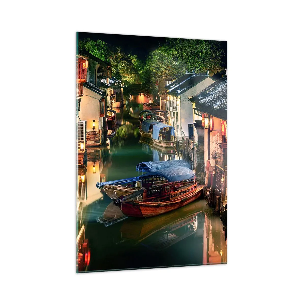 Impression sur verre - Image sur verre - Rue chinoise la nuit avec des bateaux et des lumières le long du canal - 50x70cm - Soirée dans une rue chinoise - Décoration murale moderne pour le salon et la chambre ARTTOR