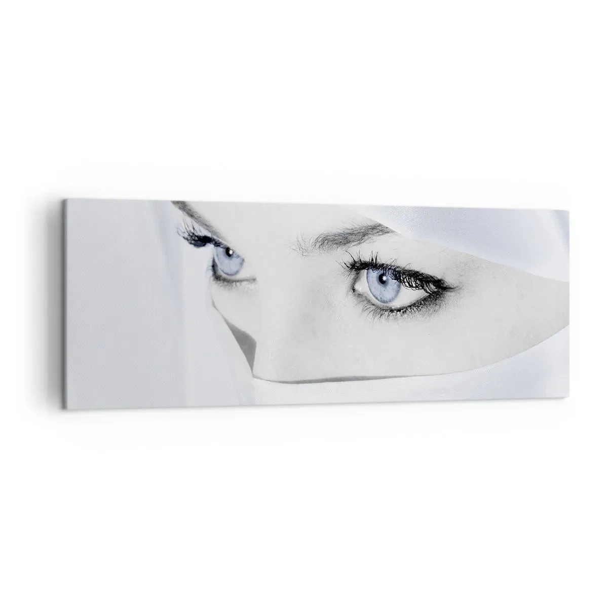 Impression sur toile - Image sur toile - Portrait d'une femme aux yeux bleus cachés derrière un voile blanc - 140x50cm - Directement des mille et une nuits - Décoration murale moderne pour le salon et la chambre ARTTOR