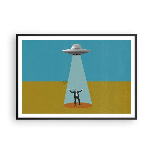 Affiche dans un cadre noir - Poster - Un homme à la lumière d'un OVNI sur fond de paysage coloré - 100x70cm - Rencontre proche - Décoration murale moderne pour le salon et la chambre ARTTOR