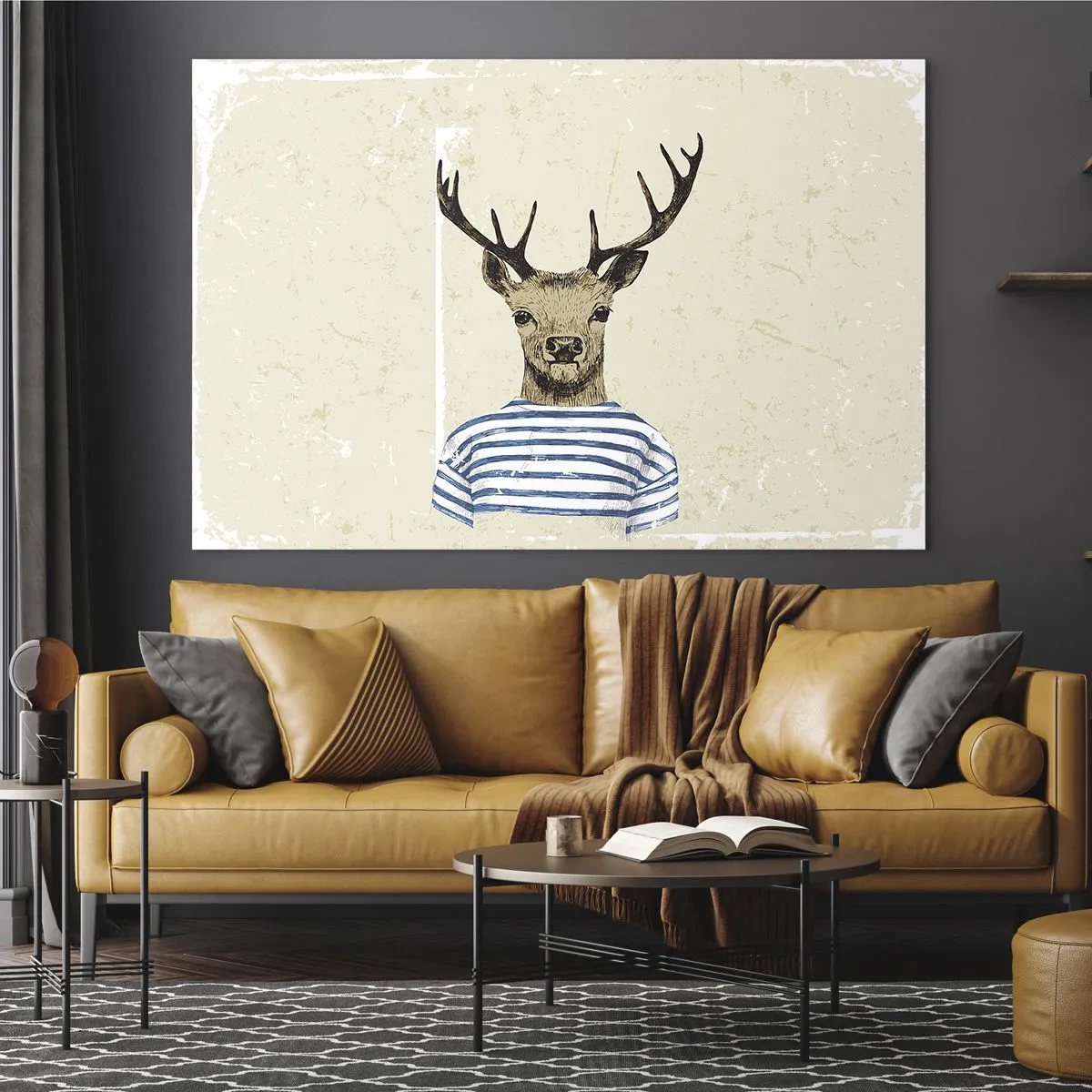 Impression sur verre - Image sur verre - Graphique d'un cerf en chemise de marin sur fond clair - 100x70cm - Parce que j'aime les chemises rayées - Décoration murale moderne pour le salon et la chambre ARTTOR