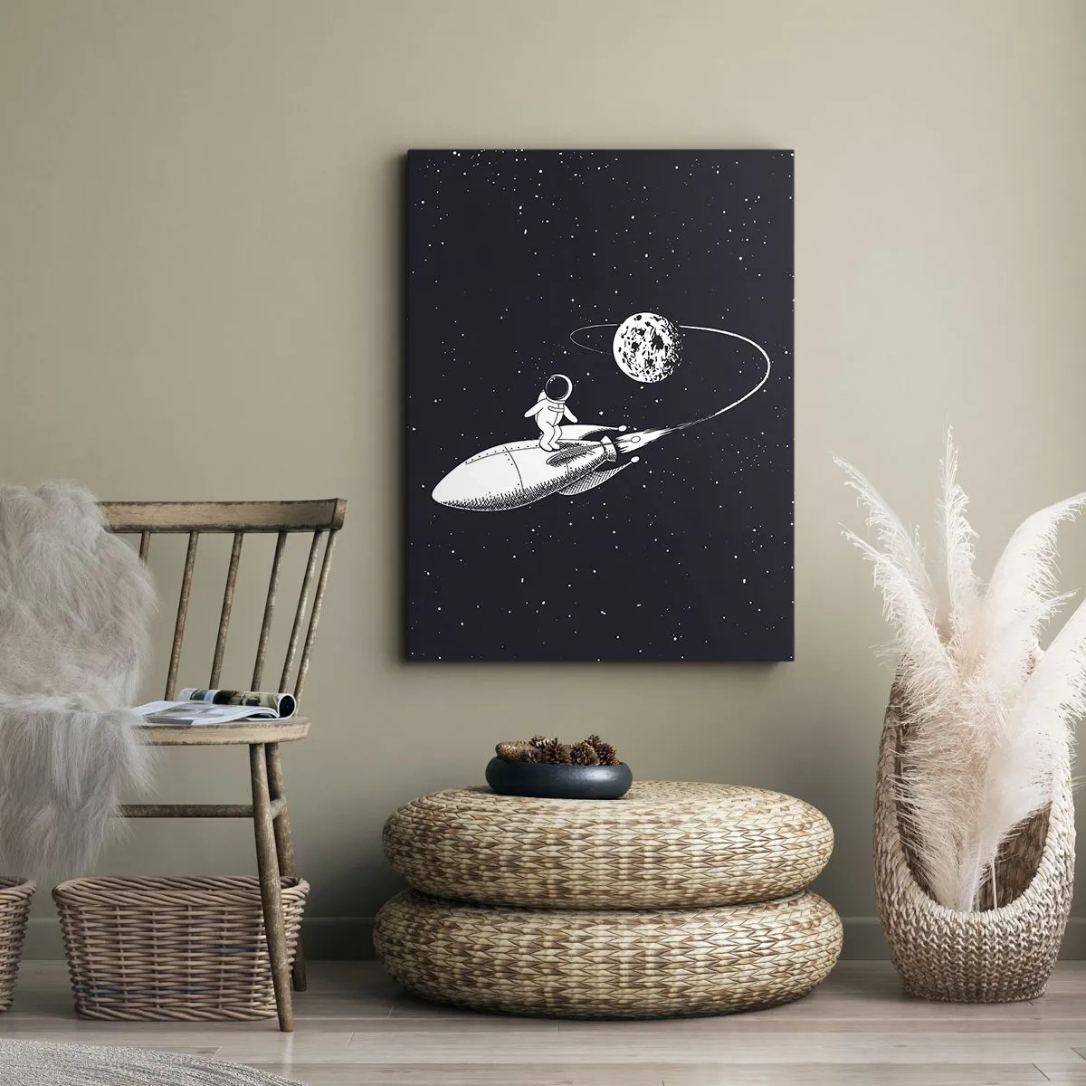 Impression sur toile - Image sur toile - Astronaute sur une fusée dans l'espace - 80x120cm - Surfeur de l'espace - Décoration murale moderne pour le salon et la chambre ARTTOR