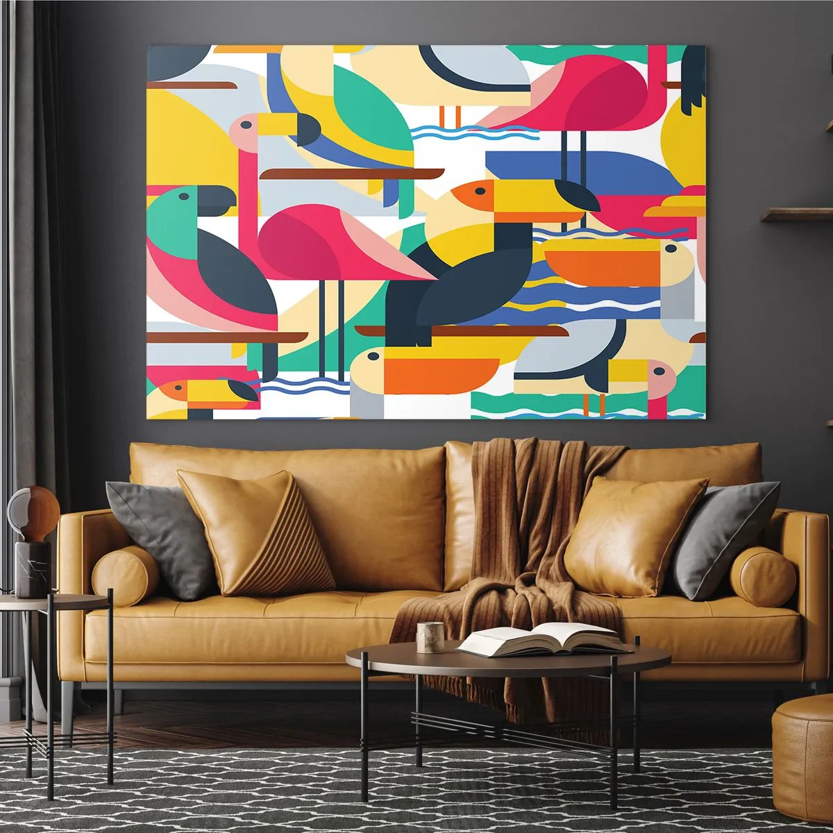 Impression sur verre - Image sur verre - Illustration abstraite d'oiseaux colorés dans un style géométrique - 120x80cm - Fête des oiseaux - Décoration murale moderne pour le salon et la chambre ARTTOR