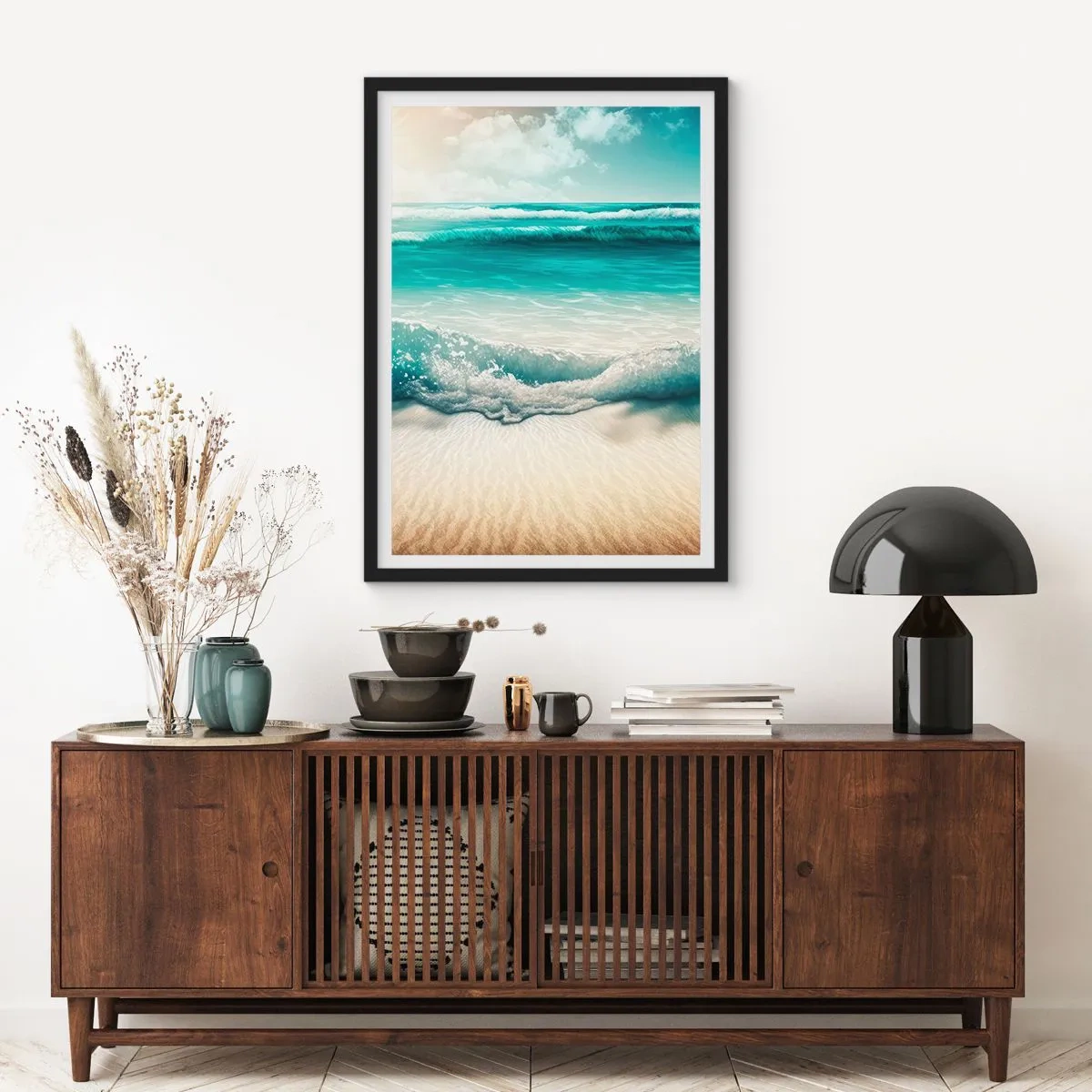 Affiche dans un cadre noir - Poster - Des vagues turquoises s'écrasant sur le sable doré de la plage - 50x70cm - La paix de l'océan - Décoration murale moderne pour le salon et la chambre ARTTOR