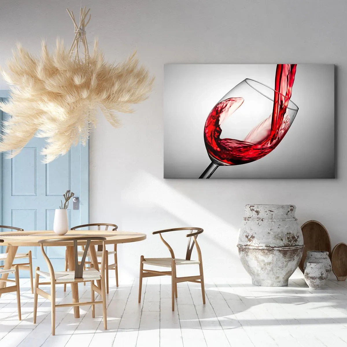 Impression sur toile - Image sur toile - Un verre de vin rouge versé sur un fond clair - 100x70cm - Nuance - mouvement - son - Décoration murale moderne pour le salon et la chambre ARTTOR