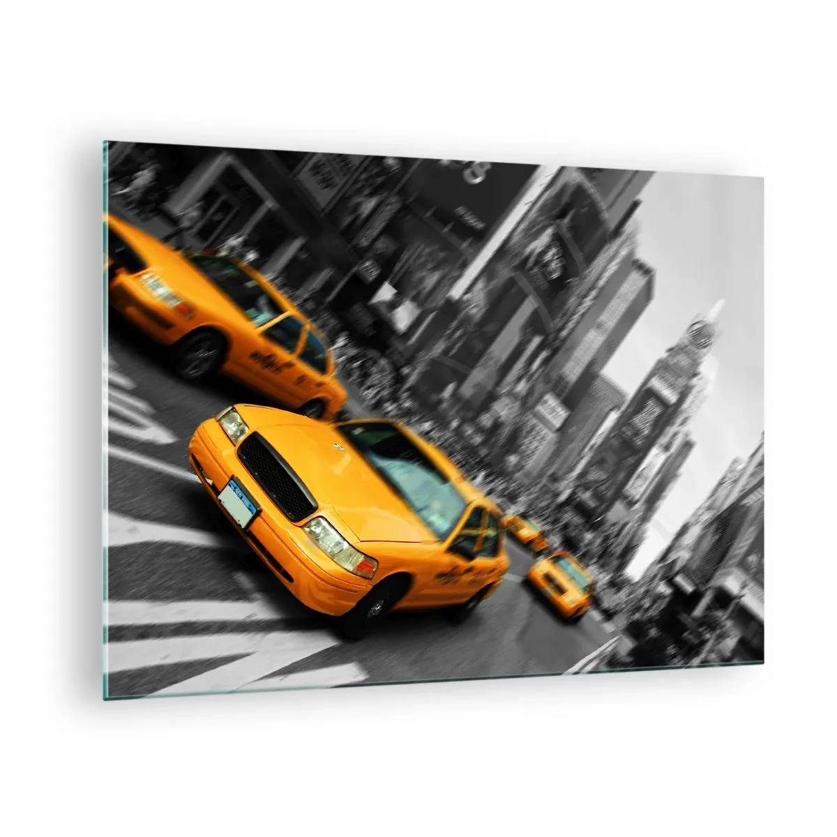 Impression sur verre - Image sur verre - Des taxis jaunes sur fond de rues de ville en noir et blanc - 70x50cm - Gouttes de soleil New-Yorkaise - Décoration murale moderne pour le salon et la chambre ARTTOR