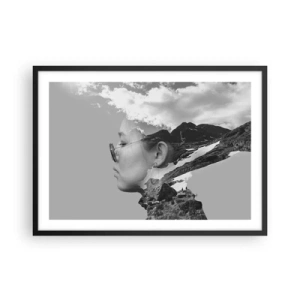 Affiche dans un cadre noir - Poster - Une composition en noir et blanc avec une silhouette de femme et un paysage de montagne. - 70x50cm - Portrait de montagnes et nuages - Décoration murale moderne pour le salon et la chambre ARTTOR