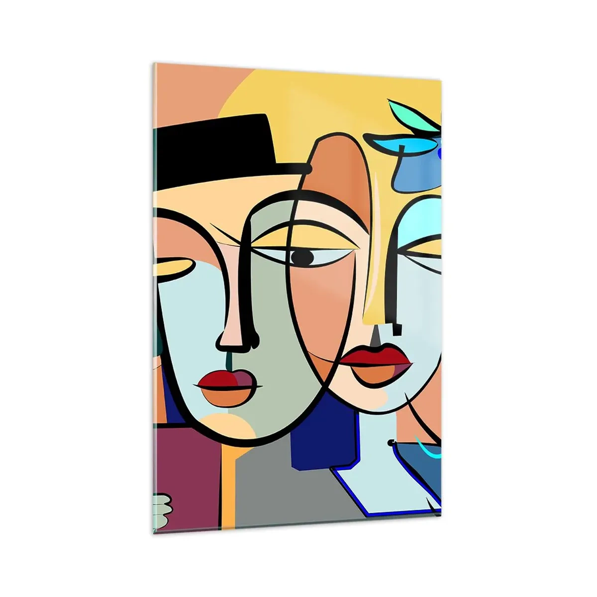 Impression sur verre - Image sur verre - Portraits cubistes aux couleurs vives avec un motif floral - 80x120cm - Le Rendez-vous de Picasso - Décoration murale moderne pour le salon et la chambre ARTTOR