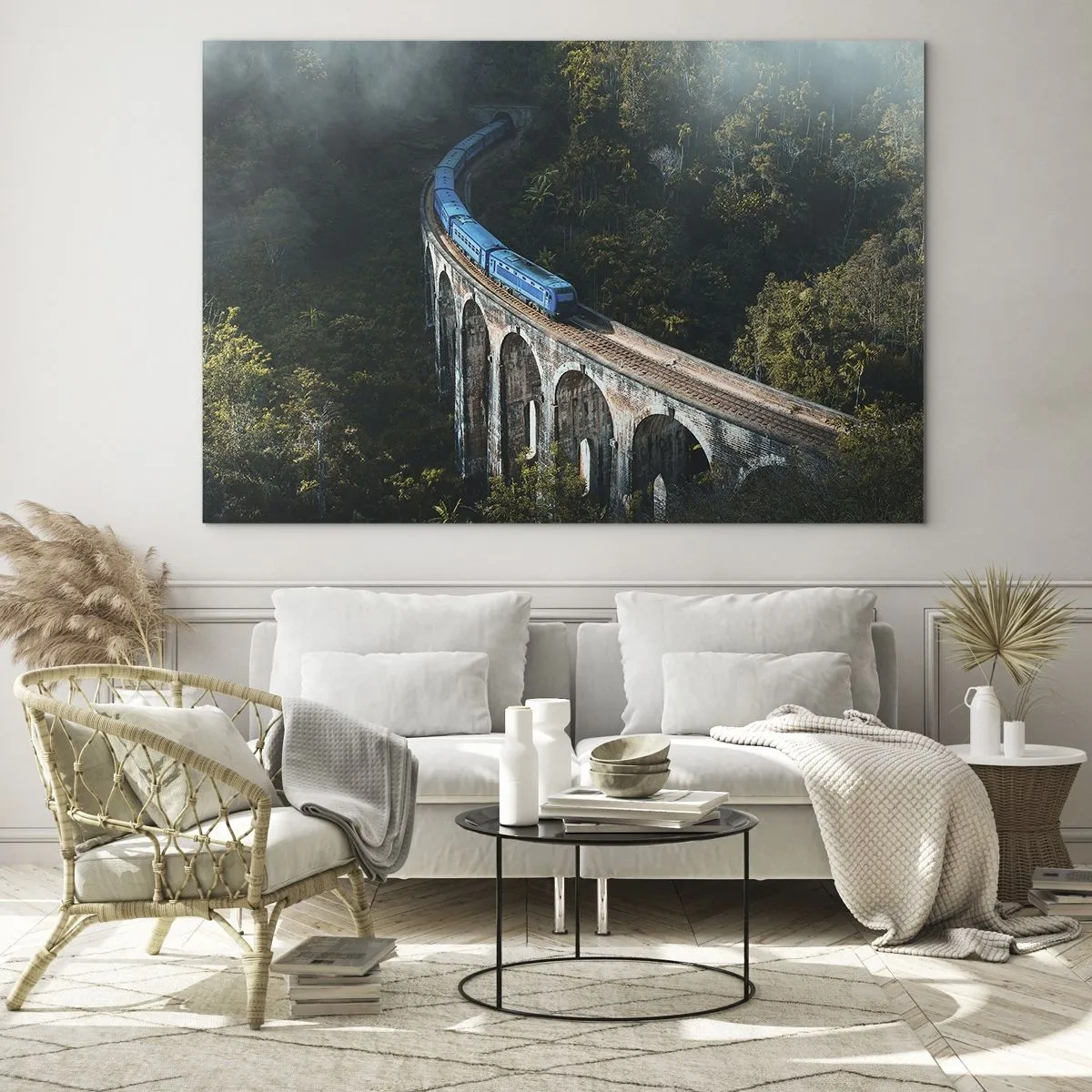 Impression sur verre - Image sur verre - Un train bleu circulant sur un viaduc en pierre dans la forêt - 70x50cm - Train nature - Décoration murale moderne pour le salon et la chambre ARTTOR