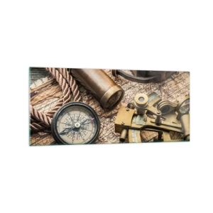 Impression sur verre - Image sur verre - Une boussole, un sextant et un télescope sur fond de vieille carte et de corde nautique. - 120x50cm - Fixer un cap - Décoration murale moderne pour le salon et la chambre ARTTOR