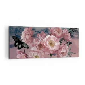 Impression sur toile - Image sur toile - Pivoines roses avec un papillon sur fond pastel - 120x50cm - Pic du romantisme - Décoration murale moderne pour le salon et la chambre ARTTOR