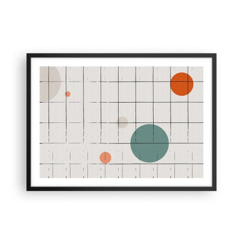 Affiche dans un cadre noir - Poster - Cercles colorés abstraits sur un fond de grille géométrique - 70x50cm - Piégé. Nous ou eux ? - Décoration murale moderne pour le salon et la chambre ARTTOR