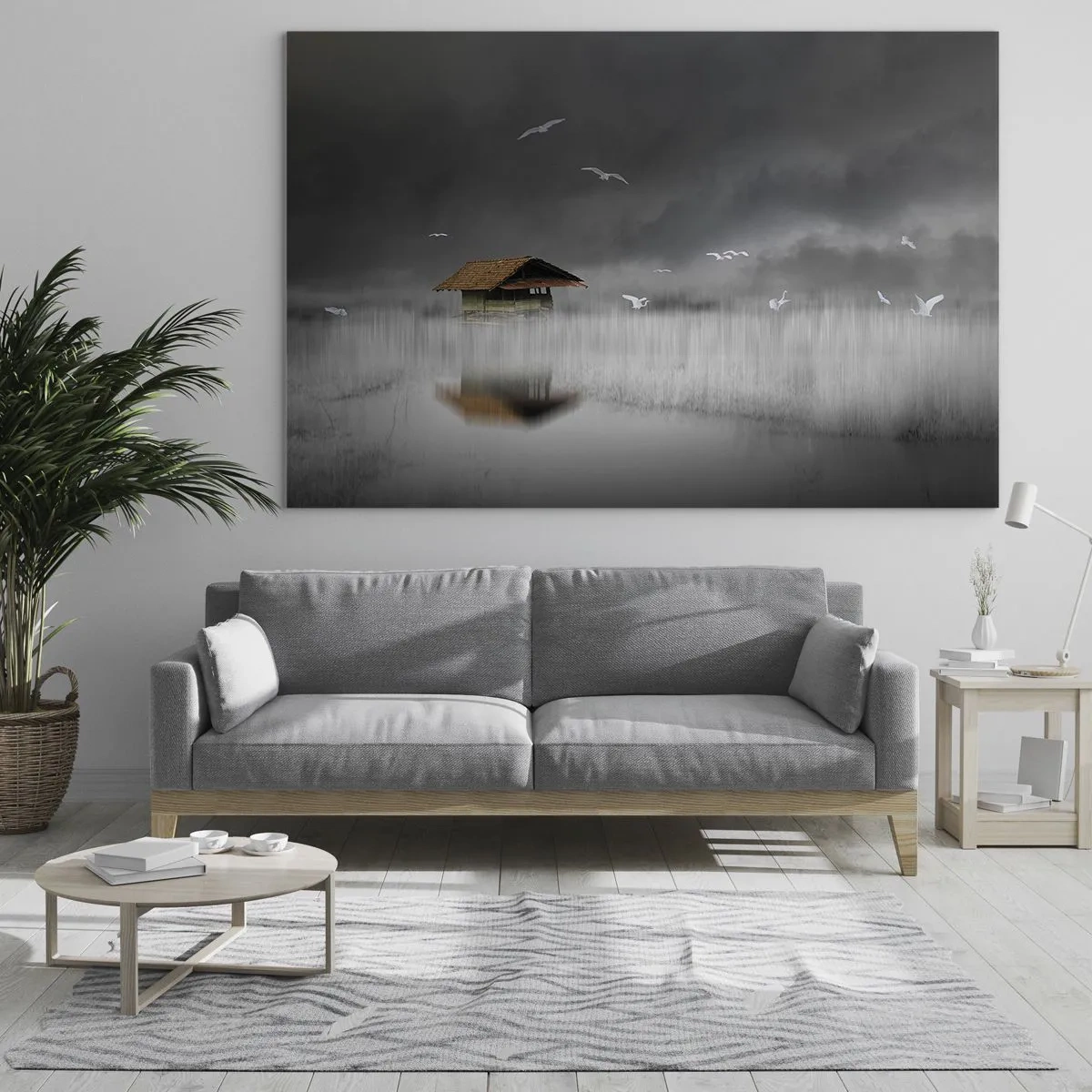 Impression sur verre - Image sur verre - Une maison sur l'eau dans le brouillard avec des oiseaux qui volent - 70x50cm - A l'abri de la pluie - Décoration murale moderne pour le salon et la chambre ARTTOR