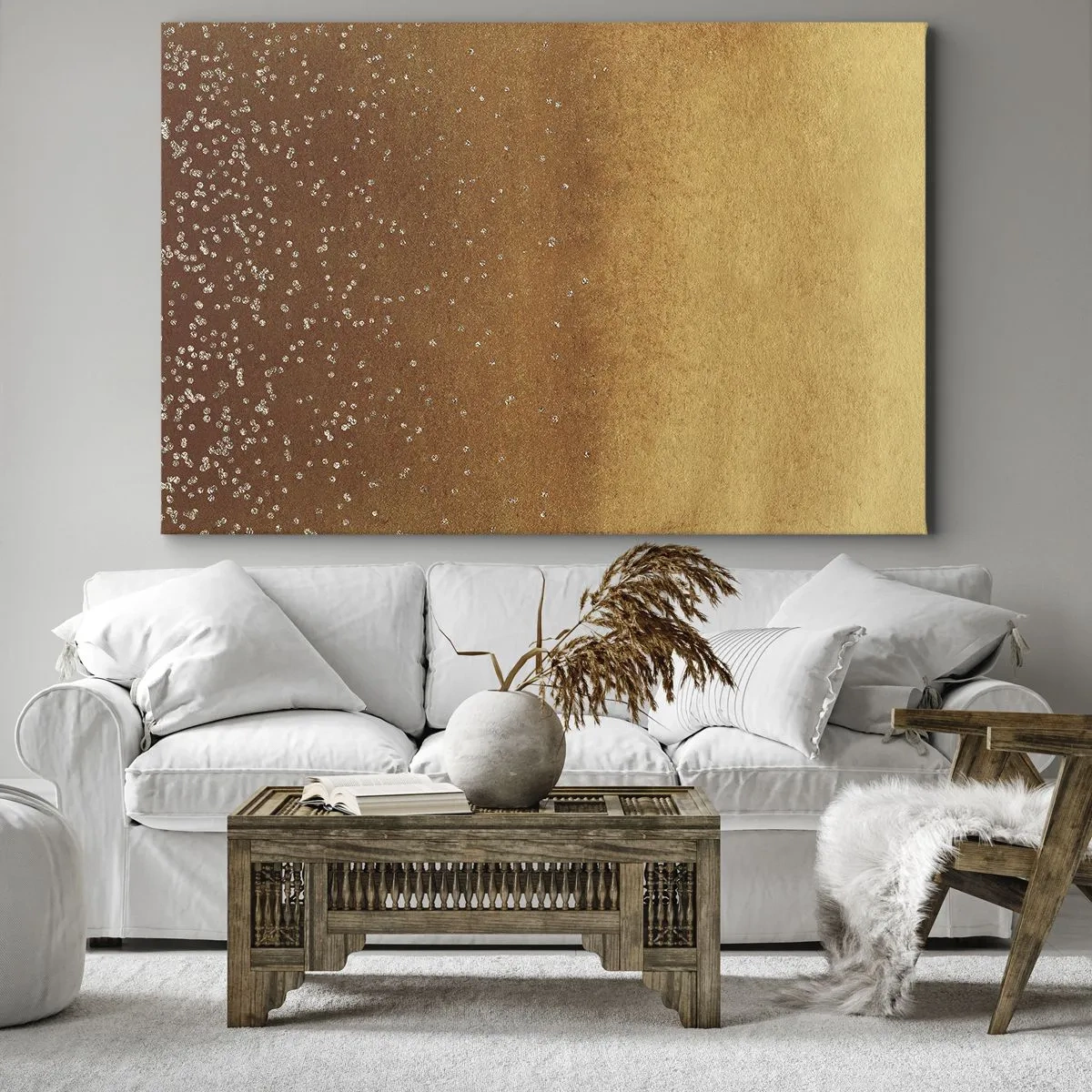 Impression sur toile - Image sur toile - Un dégradé doré avec des reflets et des embellissements subtils - 70x50cm - Origine du monde - Décoration murale moderne pour le salon et la chambre ARTTOR