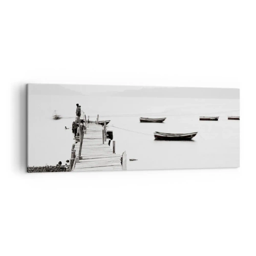 Impression sur toile - Image sur toile - Jetée en bois et bateaux sur une eau calme - 140x50cm - Calme et propre au bord de l'eau - Décoration murale moderne pour le salon et la chambre ARTTOR