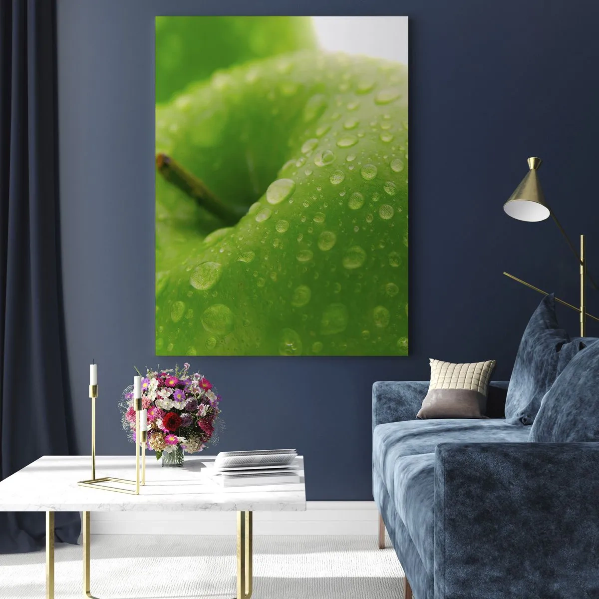 Impression sur verre - Image sur verre - Gros plan d'une pomme verte avec des gouttes d'eau - 80x120cm - Fraîcheur de verdure fraîche - Décoration murale moderne pour le salon et la chambre ARTTOR