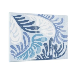 Impression sur verre - Image sur verre - Feuilles de fougère décoratives dans des tons bleus sur fond clair - 70x50cm - Fougères bleues - Décoration murale moderne pour le salon et la chambre ARTTOR