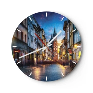 Horloge murale - Pendule murale - Une rue avec vue sur l'église Sainte-Marie au coucher du soleil - 30x30cm - La magie de Cracovie - Décoration murale moderne pour le salon, la cuisine et la chambre ARTTOR