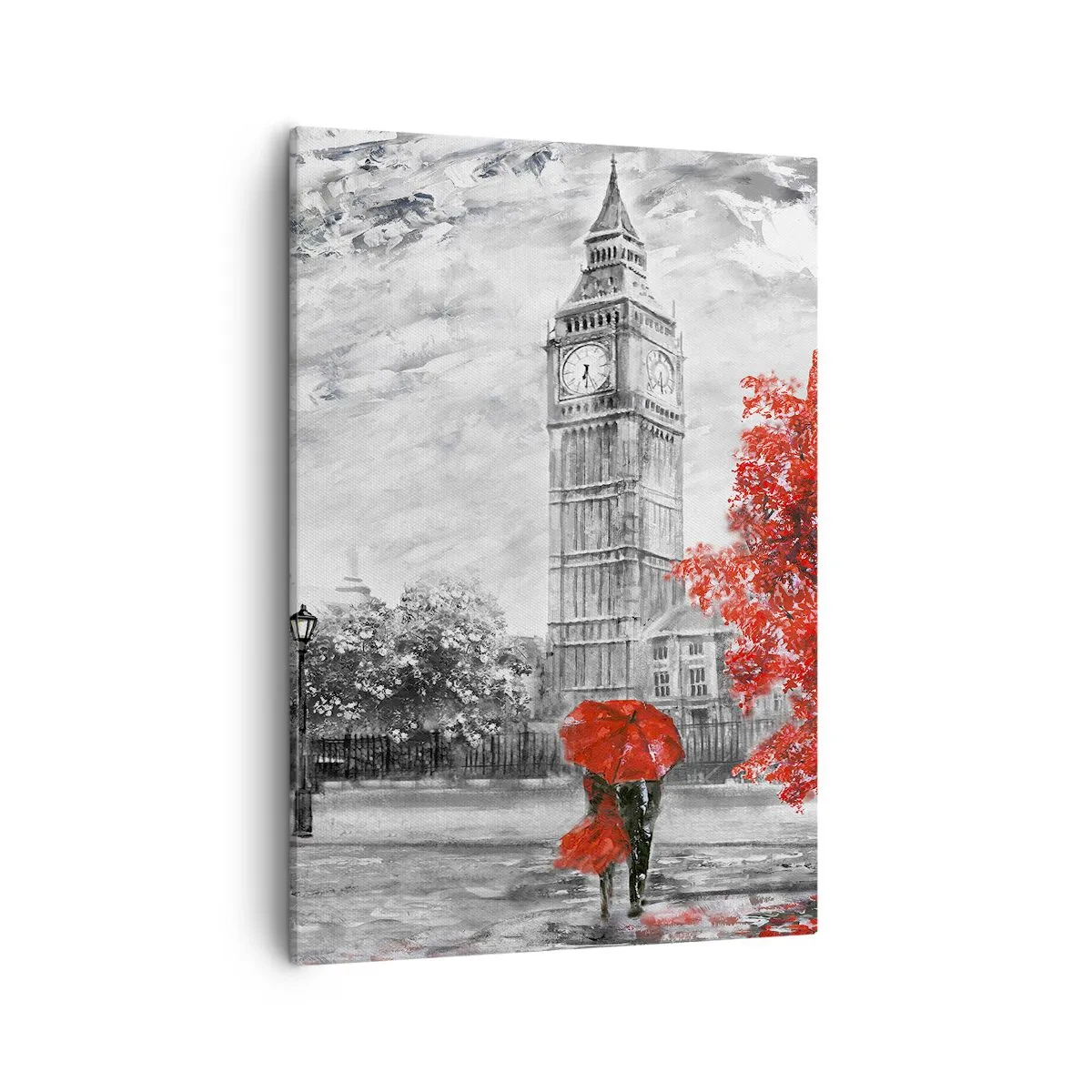 Impression sur toile - Image sur toile - Vue emblématique de Londres avec Big Ben, un bus rouge et un parapluie - 50x70cm - Une journée passionnante - Décoration murale moderne pour le salon et la chambre ARTTOR