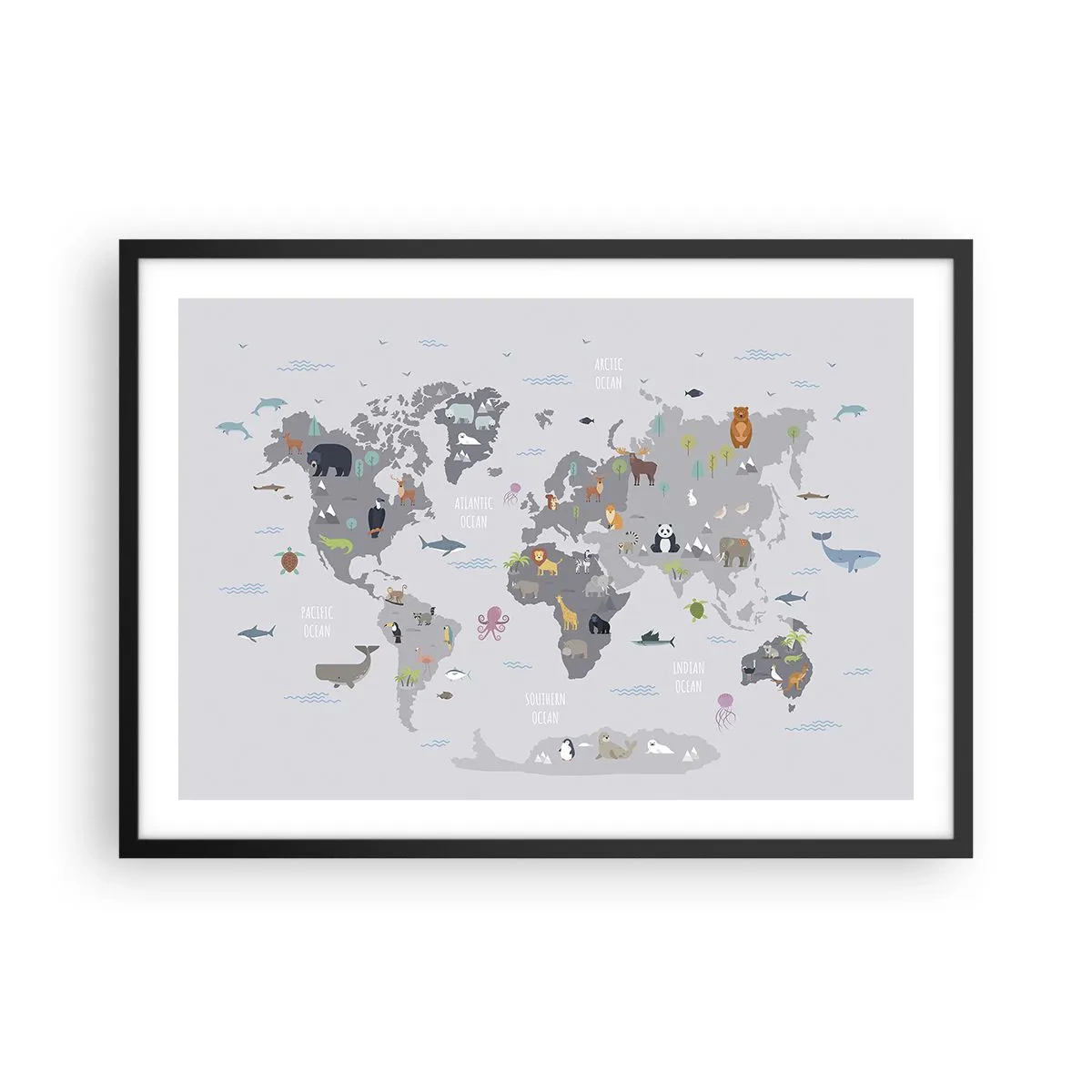 Affiche dans un cadre noir - Poster - Une carte du monde avec des illustrations d'animaux sur fond gris - 70x50cm - Dis-moi d'où tu viens... - Décoration murale moderne pour le salon et la chambre ARTTOR