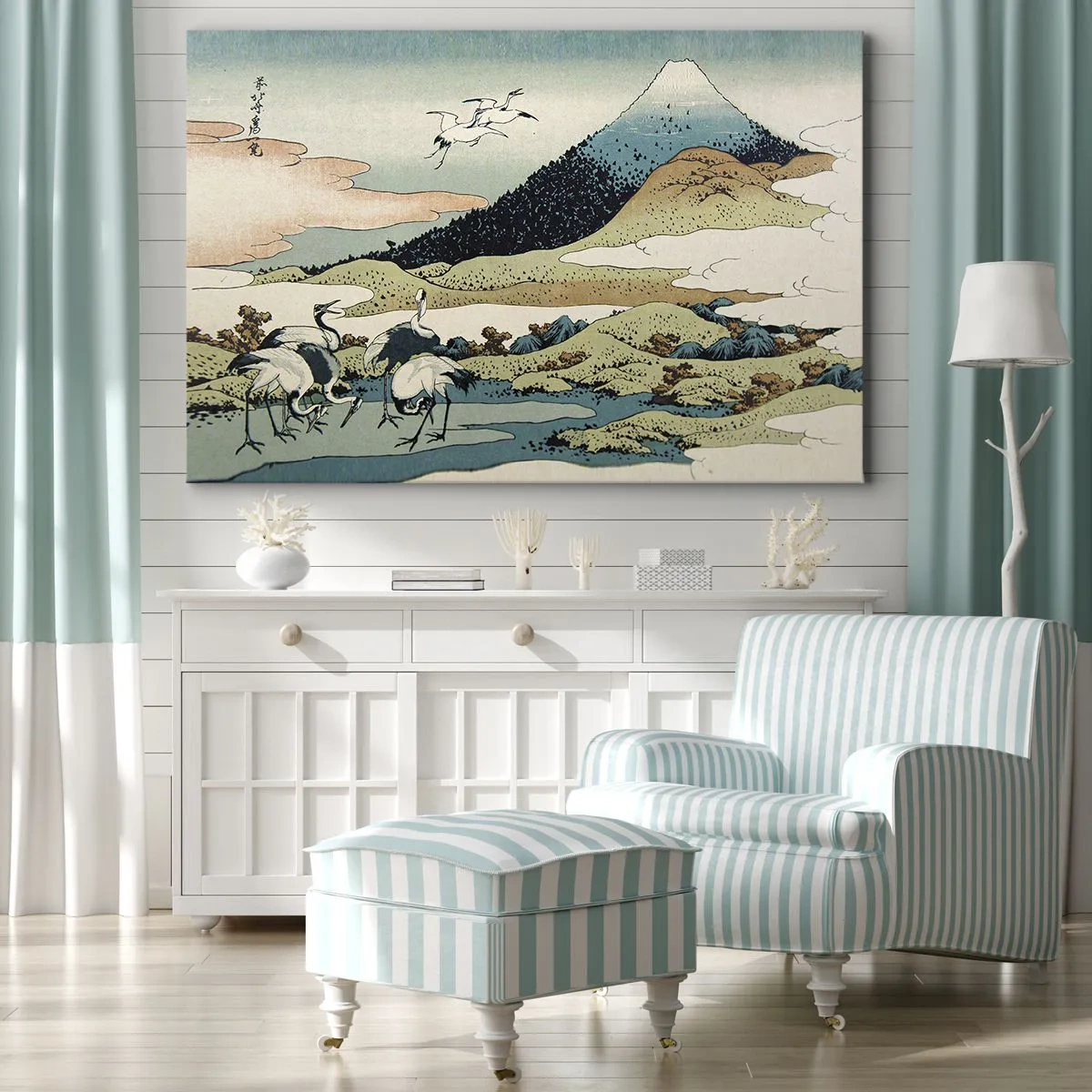 Impression sur toile - Image sur toile - Graphismes japonais traditionnels avec des montagnes et des grues - 100x70cm - Avec une âme japonnaise - Décoration murale moderne pour le salon et la chambre ARTTOR