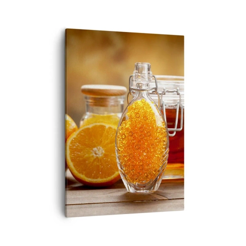 Impression sur toile - Image sur toile - Une bouteille de liquide ambré et des oranges fraîches - 50x70cm - Saveurs et arômes ensoleillés - Décoration murale moderne pour le salon et la chambre ARTTOR