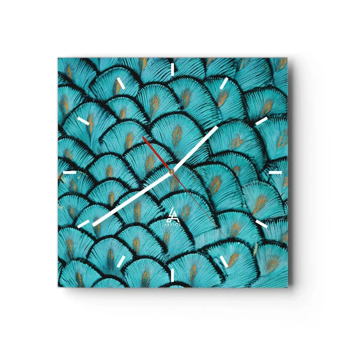 Horloge murale - Pendule murale - Un motif ressemblant à des écailles turquoise avec des accents dorés - 30x30cm - Le grand gala des plumes - Décoration murale moderne pour le salon et la chambre ARTTOR