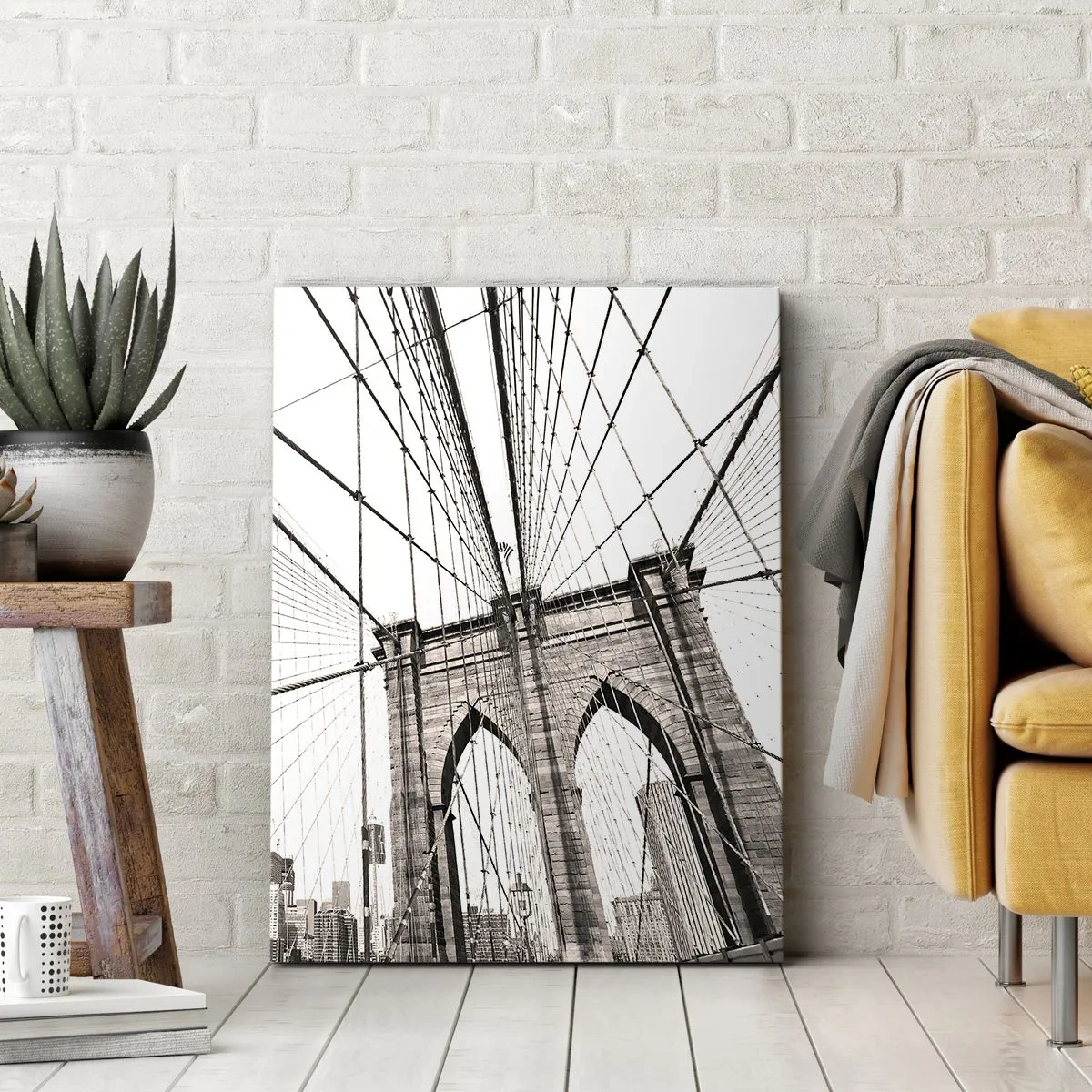 Impression sur toile - Image sur toile - Le pont de Brooklyn en monochrome - 50x70cm - Cathédrale New Yorkaise - Décoration murale moderne pour le salon et la chambre ARTTOR