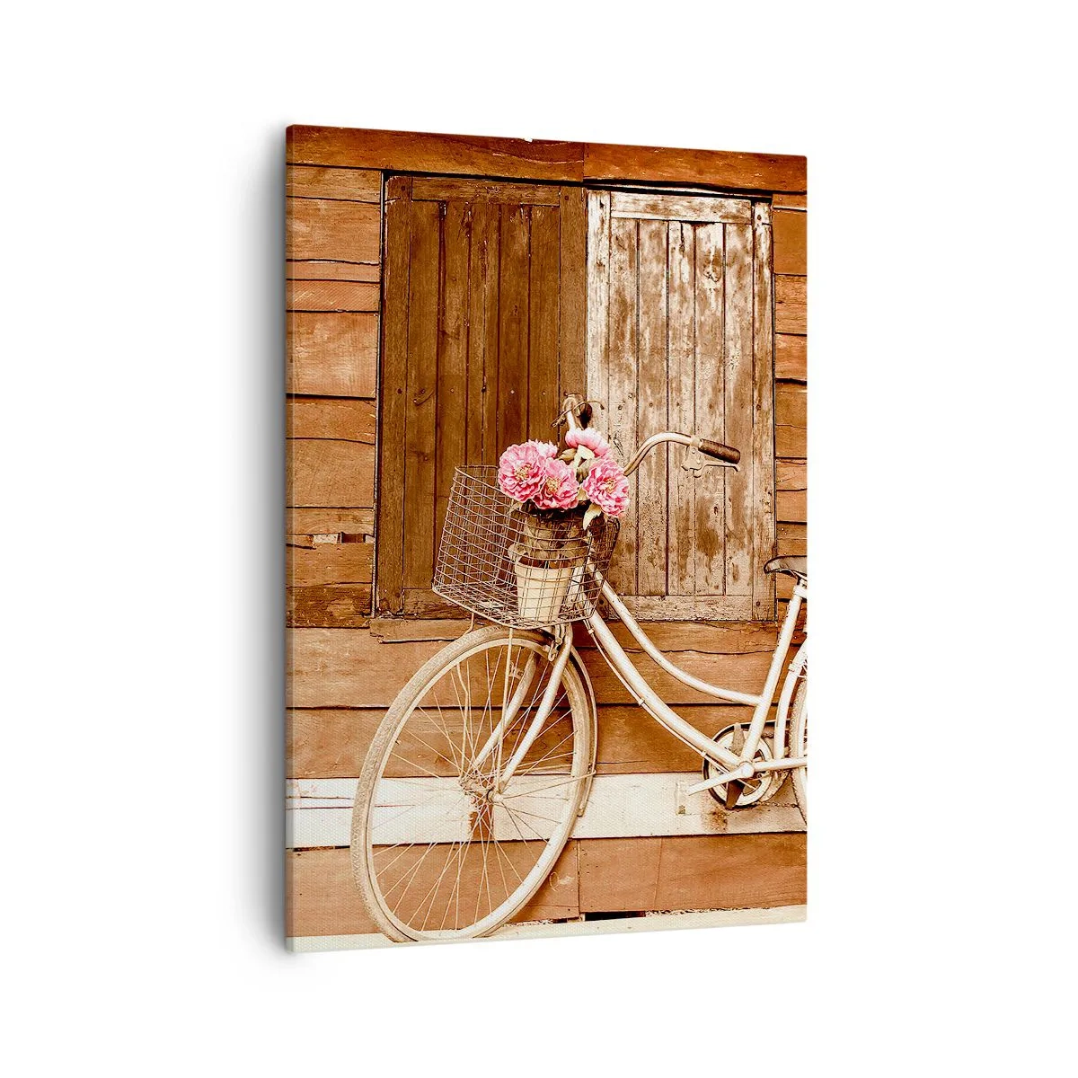 Impression sur toile - Image sur toile - Un vélo avec un panier rempli de roses contre un mur en bois - 50x70cm - Je reviens tout de suite - Décoration murale moderne pour le salon et la chambre ARTTOR