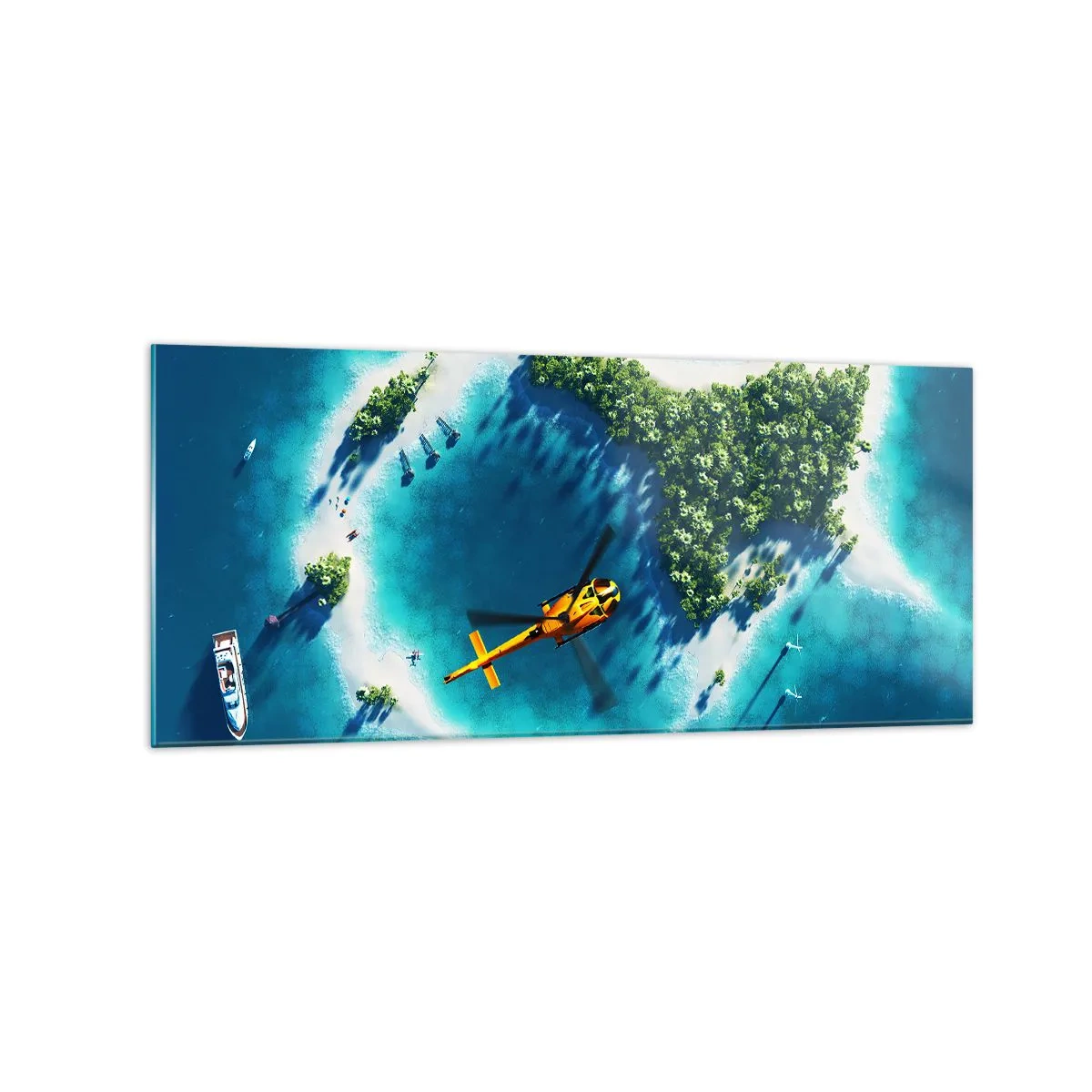 Impression sur verre - Image sur verre - Une île tropicale entourée d'eau turquoise avec un hélicoptère en vue - 120x50cm - Achetez-vous une île - Décoration murale moderne pour le salon et la chambre ARTTOR