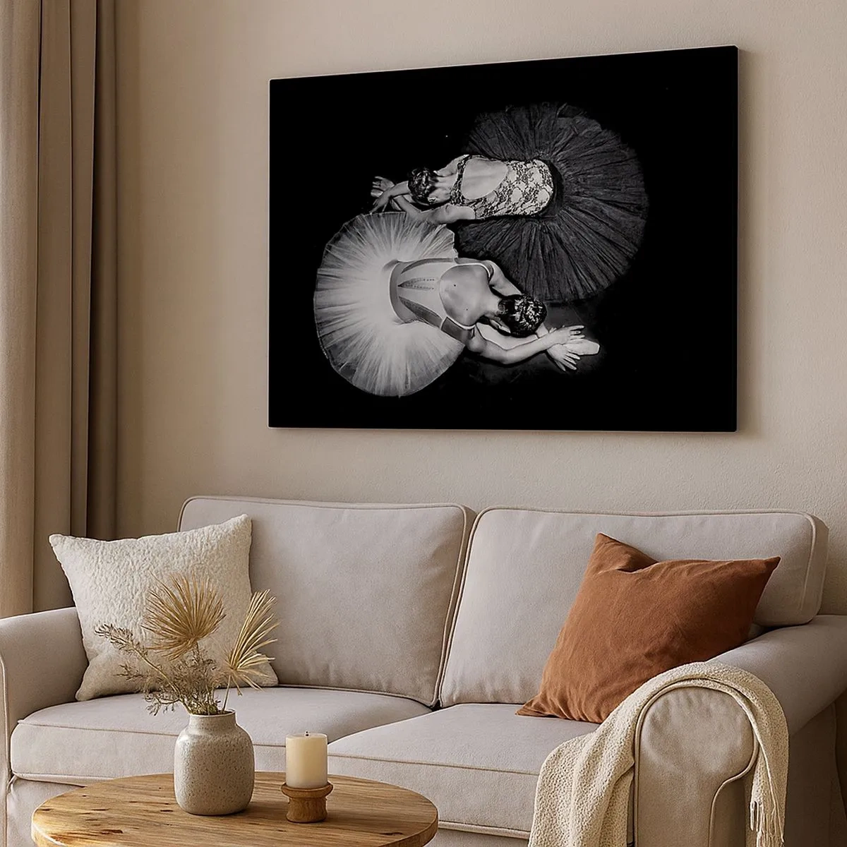 Impression sur toile - Image sur toile - Une image en noir et blanc de deux ballerines dans une pose dynamique. - 70x50cm - Jin et jang – équilibre idéal - Décoration murale moderne pour le salon et la chambre ARTTOR