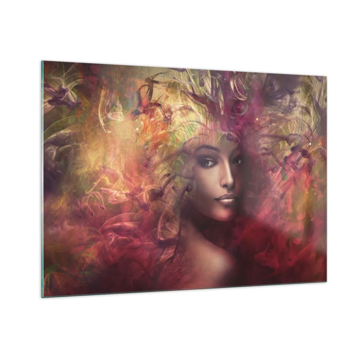 Impression sur verre - Image sur verre - Portrait d'une femme entourée de couleurs lumineuses et abstraites - 100x70cm - Je suis ici! - Décoration murale moderne pour le salon et la chambre ARTTOR